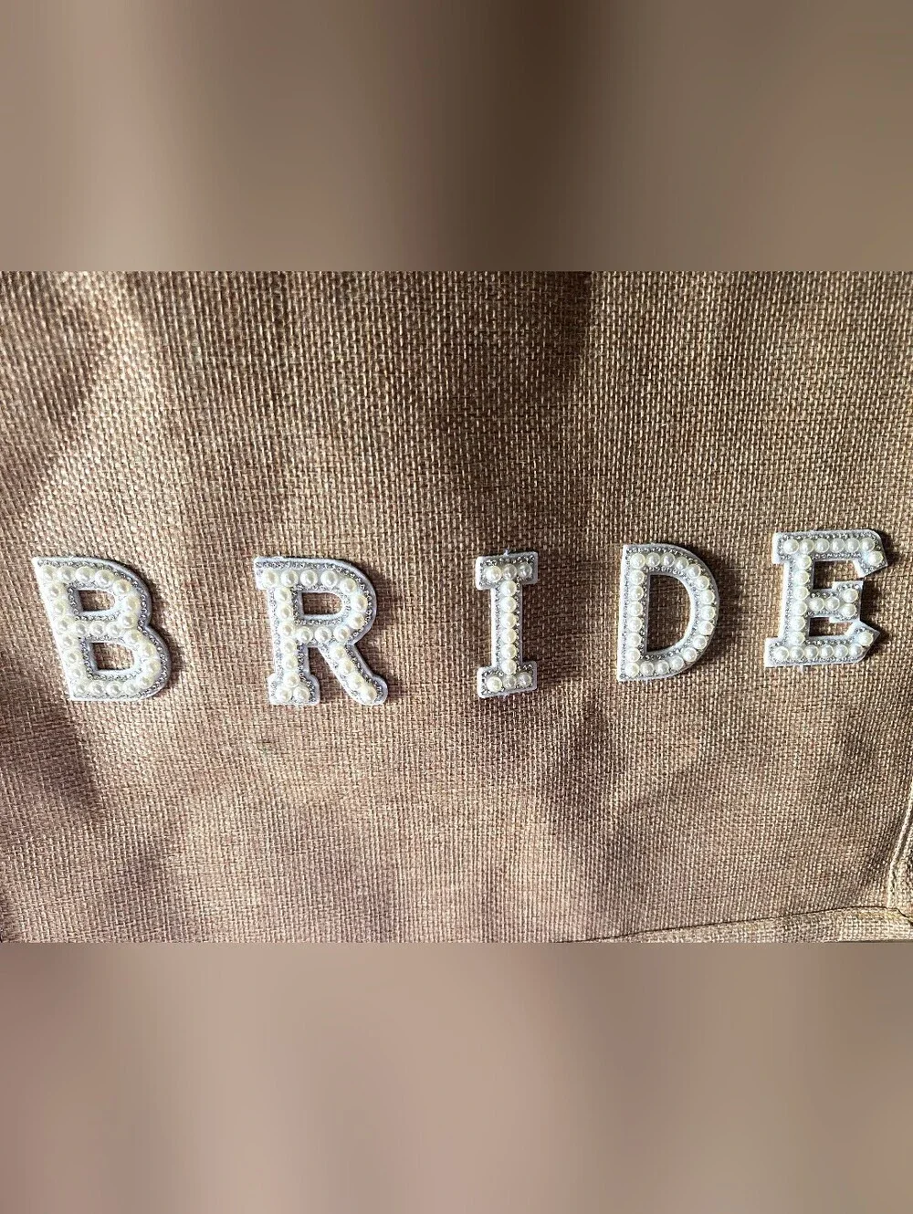 NWOT Bride Jute Tote Bag in Brown with Rhinestone And  Pearl Lettering